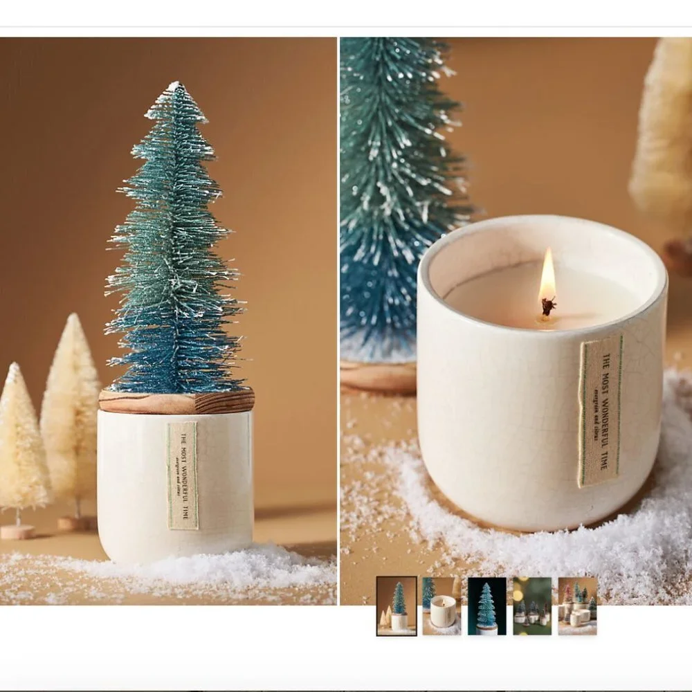 Anthropologie Frosted Bottle Brush Tree Candle
